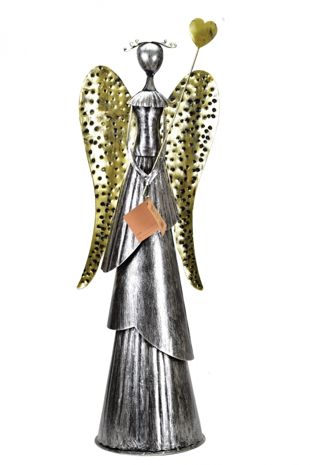 Plechový anděl Wave stříbrný-champagne se srdíčkem, 65,5 cm