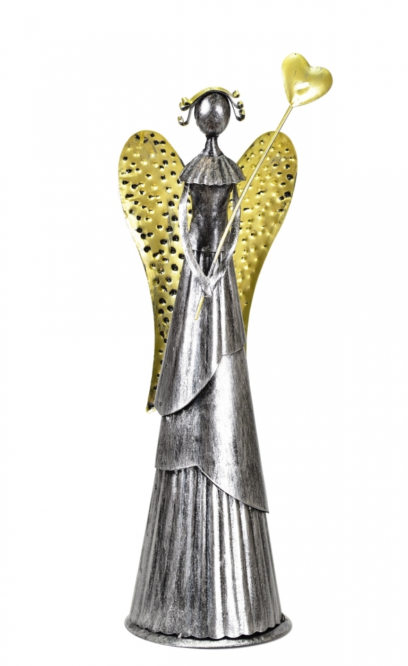 Plechový anděl Wave stříbrný-champagne se srdíčkem, 53 cm