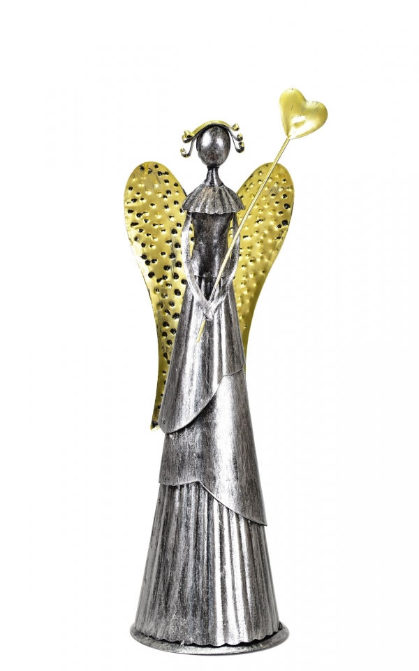 Plechový anděl Wave stříbrný-champagne se srdíčkem, 39 cm