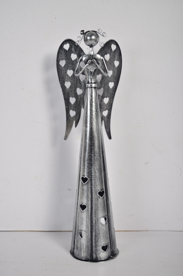 Plechový srdíčkový anděl na čajovou svíčku, 38 cm, stříbrný