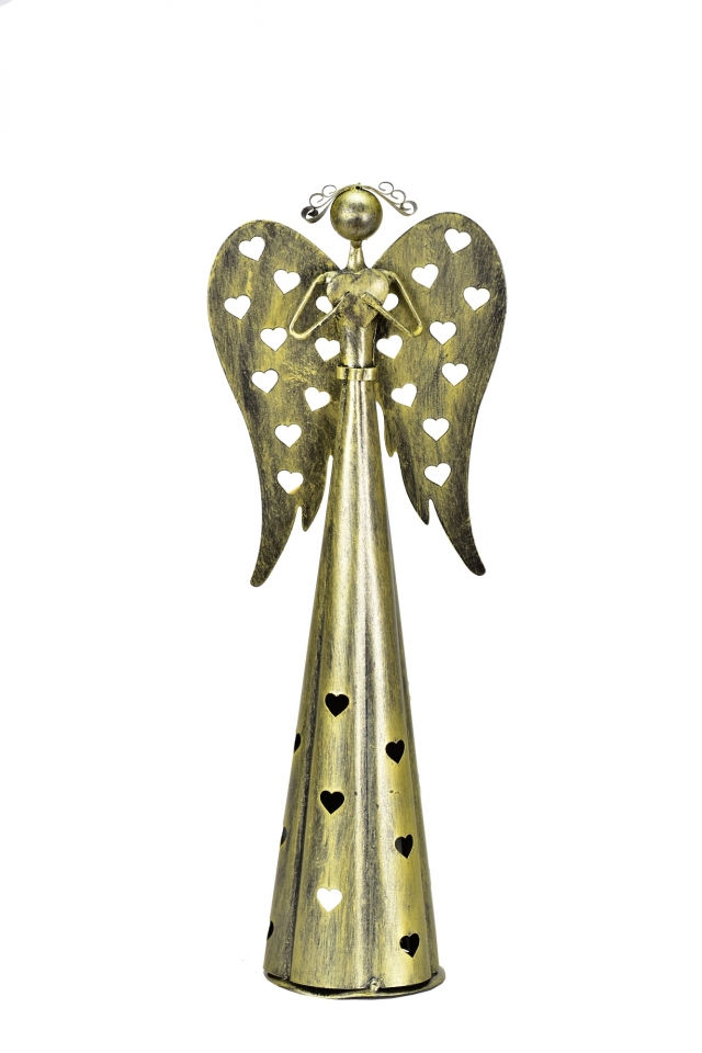 Plechový srdíčkový anděl na čajovou svíčku, 38 cm, champagne