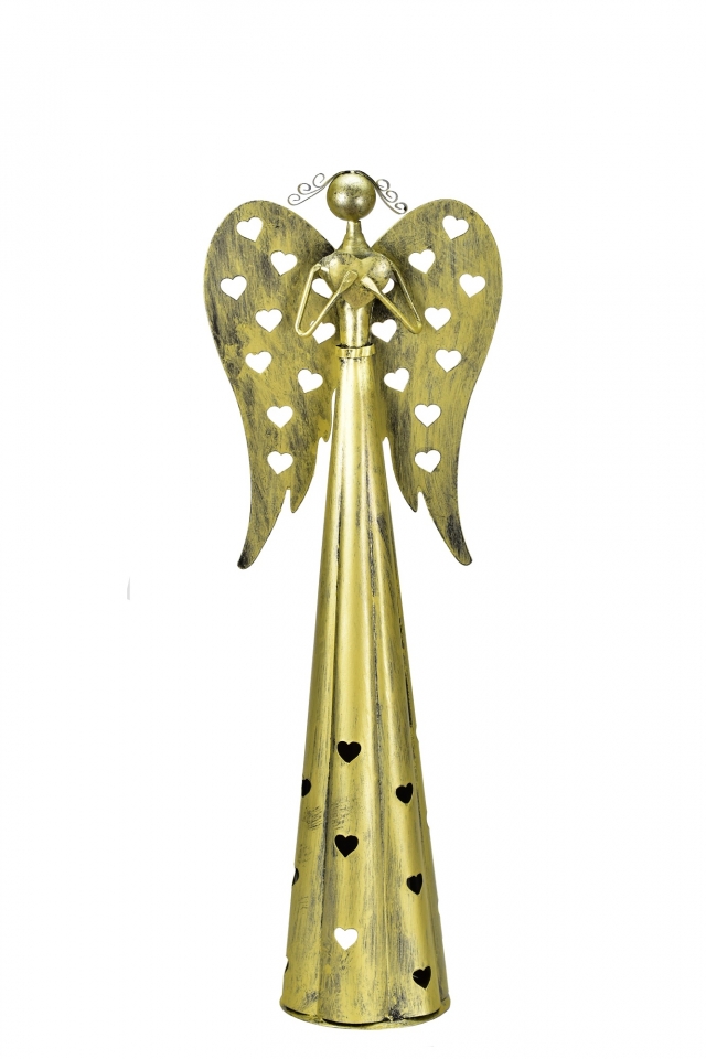 Plechový srdíčkový anděl na čajovou svíčku, 53 cm, champagne
