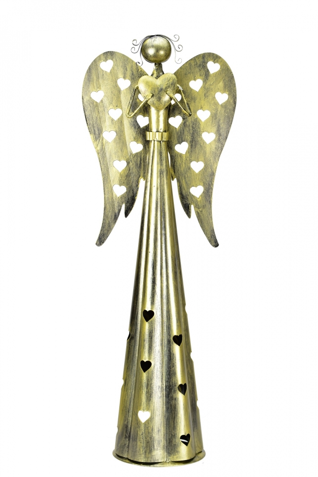 Plechový srdíčkový anděl na čajovou svíčku, 67 cm, champagne