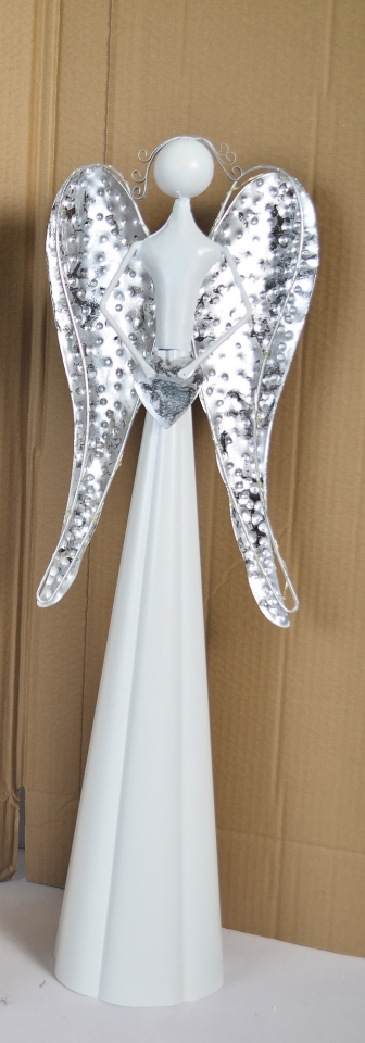 Plechový anděl Mary se stříbrnými křídly, LED, 53,5 cm
