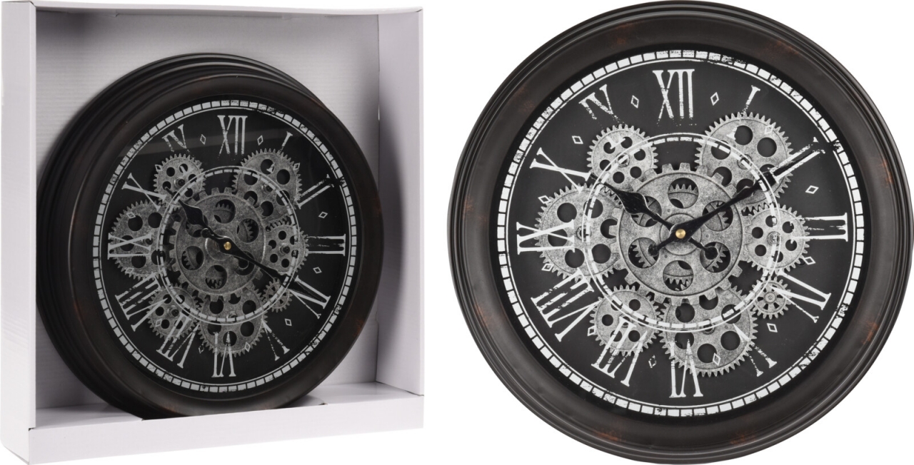 Industriální hodiny s otevřeným strojkem 35 cm, stříbrné